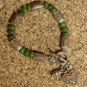 Brighton Bracelet Silver and Green Nephrite Jade Beads with Dangle Charms
